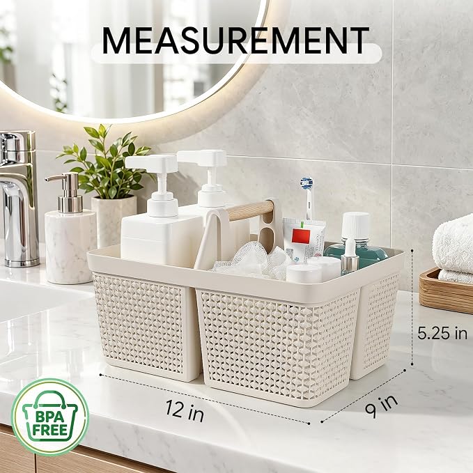 UUJOLY Portable Plastic Shower Caddy Basket with Wooden Handle, Beige | Divided Storage Organizer Tote for Bathroom, Dorm, College, Kitchen & RV – Lightweight, Easy-Carry Essentials Caddy - Image 7