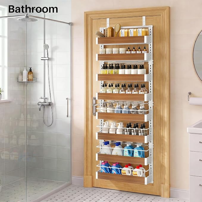 SNTD 8 Tiers Wooden Over the Door Organizer, 17" W x 6" D x 69" H, Walnut | Pantry Door Organizers and Storage, Height Adjustable Spice Rack, Dense Mesh Baskets, Anti-Swing, Adjustable Door Fastener - Image 9