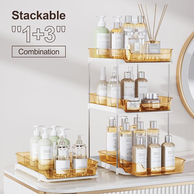 Delamu 2-Tier Multi-Purpose Bathroom Under Sink Organizers and Storage, Stackable Kitchen Pantry Organization, Pull Out Medicine Cabinet Organizer with Movable Dividers, Golden, 2 Pack - Image 3