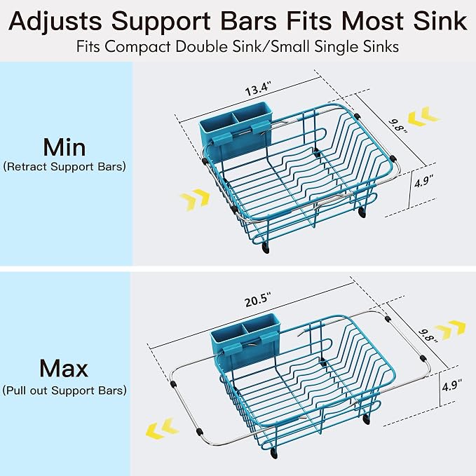 JASIWAY Blue Dish Drying Rack in Sink with Utensil Holder, RV, Apartment | Over Sink Expandable Stainless Steel Dish Drainers for Compact Kitchen, Space Saving, Fast Drain, Rustproof, For 1-2 people - Image 4