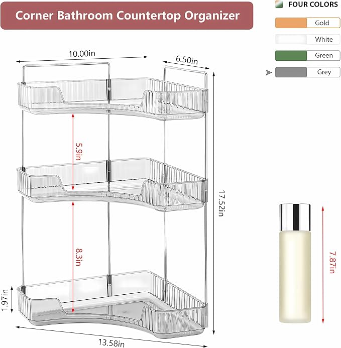 3 Tier Corner Bathroom Counter Organizer Countertop Shelf Makeup Organizer for Vanity Perfume Tray for Corner Storage (Grey) - Image 2