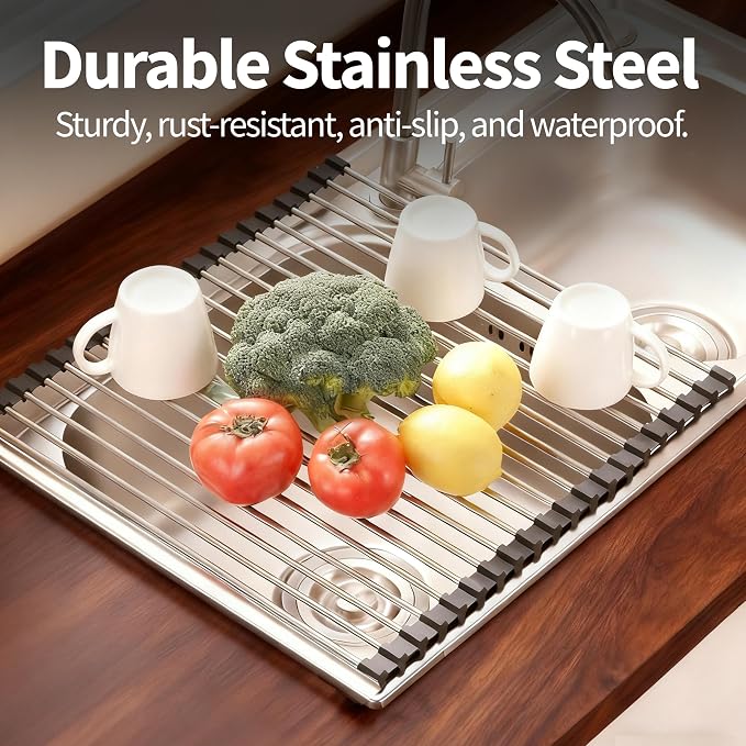 Roll Up Dish Drying Rack for Over Sink -17.5"x11.8" Foldable Stainless Steel Kitchen Drainer, Black - Image 5