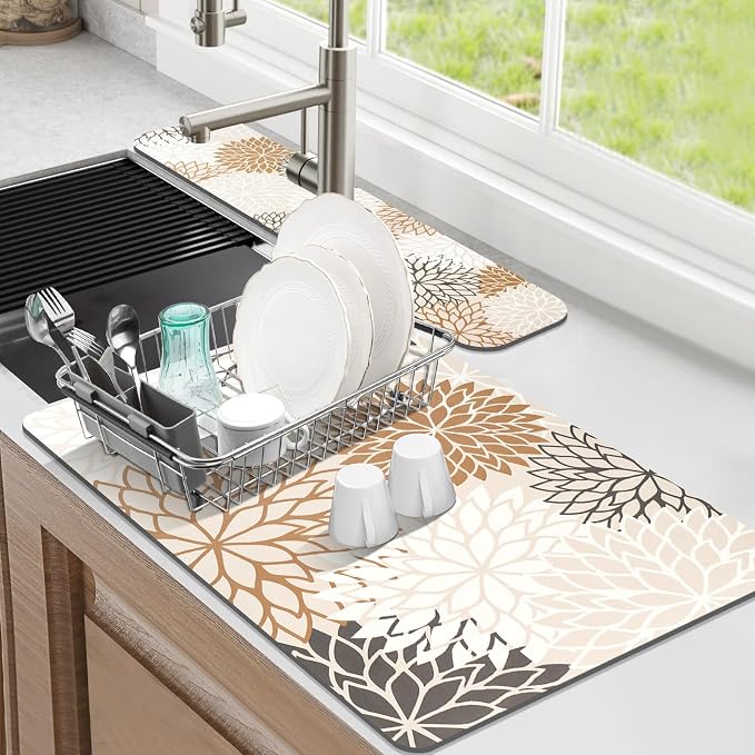 Findosom 2PCS 16" x 24" Dish Drying Mat & 24" x 5.5" Sink Splash Guard, Super Absorbent & Cuttable Dish Mat Drying Kitchen Mat with Brown Floral, Hide Stain Drying Mat for Kitchen Counter by Findosom