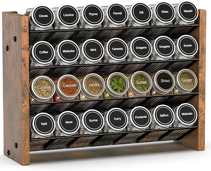 Spice Rack Organizer for Cabinet, Seasoning Organizer Wall Mount Countertop | Holds 28 Standard 4 oz Jars, Fits Bottle Under 1.8 in Wide, Kitchen Countertop Shelf, No Jars Included, 14"W x 9.4"H, Brown by NESAPTO