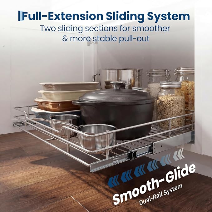 Garvee Pull Out Cabinet Organizer, 15" W X 21" D, Heavy Duty Slide Out Kitchen Organizers and Storage, Full-Extension Roll out Shelf and Drawer for Pots, Pans & Under Sink Storage, Chrome Finish - Image 5