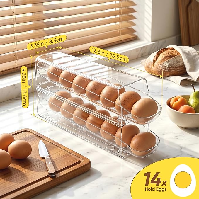 theaoo Auto Rolling Egg Dispenser for Refrigerator with Quick Removable Inner Tray, Space-Saving Egg Organizer and Holder, Egg Storage Container for Fridge, Easy to Load and Grab Eggs (2 Pack) - Image 6
