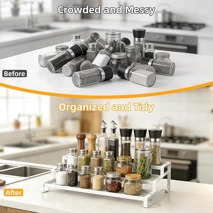 Spice Rack Organizer for Cabinet, 13-21.5" Expandable Spicy Shelf | 9.45" Depth 3-Tier White Metal Seasoning Organizer, Kitchen Spice Organization, Slip-Resistant Guardrails for Jars and Cans - Image 4