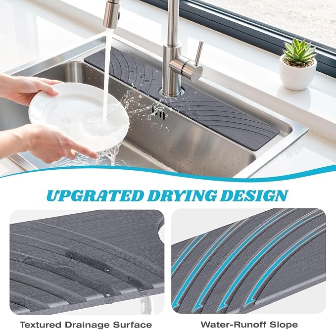 SpaceHacks Stone Faucet Mat for Kitchen Sink 23.7x4 in, Dark Gray | Fast Drying Diatomite Stone Drying Mat, Water Splash Guard, Textured Drainage Sink Protector, Suits Bathroom&Kitchen Counter - Image 3