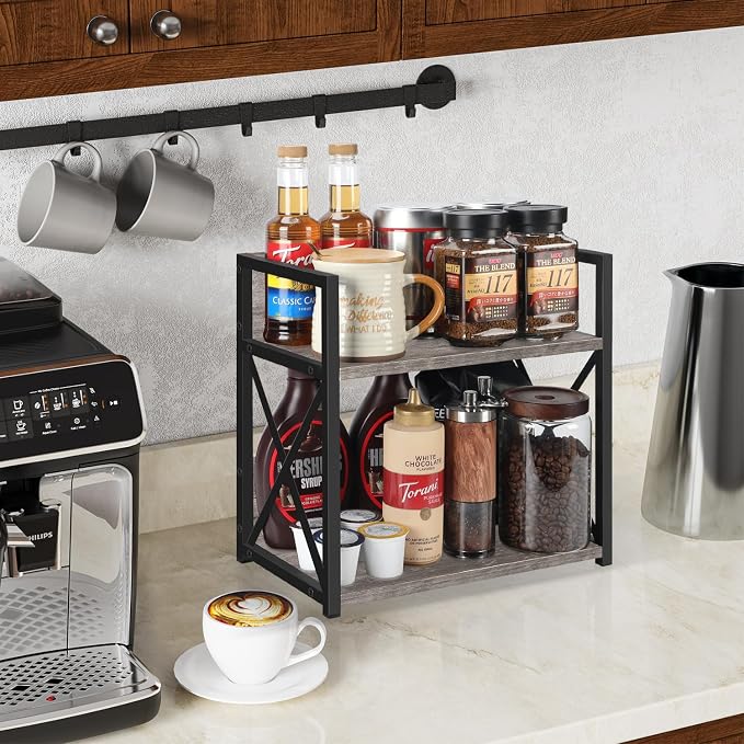 YINMIT Kitchen Countertop Organizer,Spice Rack,Coffee Bar Shelf Organizer | 2-Tier Coffee Station,Seasoning Storage,Syrup,Mug Cup,Bottle Holder,Bathroom Vanity,Pantry,Bedroom and Office,Grey,Medium - Image 2