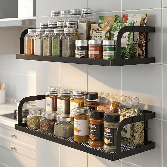 PUSDON 2-Pack 16.5" Extra Long Slim Hollowout Shower Caddy, Wall Mount Spice Rack & Bathroom Organizer, Mesh Bottom Cabinet Door Shelf Holds 50LBS - Matte Black, Hollowout - Image 2