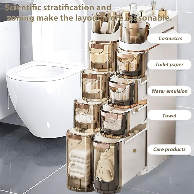 BGYMF 3-Tier Narrow Slim Bathroom Storage Cabinet,Movable,White | ABS and PP,with Wheels and Drawers,Large Storage Capacity,Water Resistant,Toilet Paper Holder,for Small Spaces - Image 3