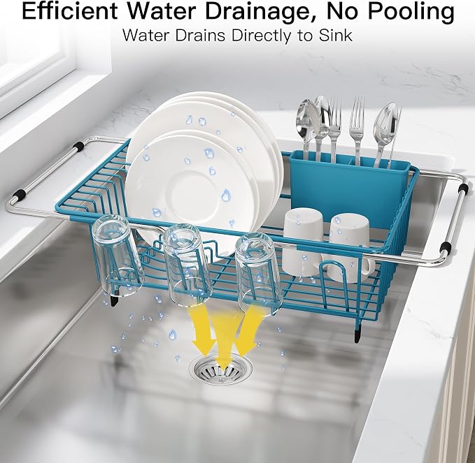JASIWAY Blue Dish Drying Rack in Sink, Dish Drainer with Utensil Holder | Over The Sink Expandable Stainless Steel Strainer Dryer Rack for Small Kitchen, Counter Space Saving, Fast Drain, Rustproof - Image 5