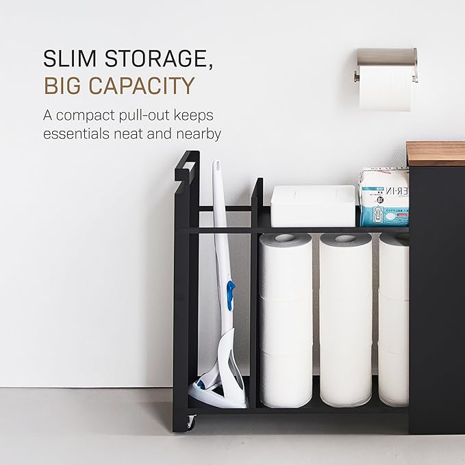 Yamazaki Home Pull-Out Bathroom Storage Cabinet with Wood Top, Black | Slim space-saving bathroom storage cabinet with a natural wood top. Clever pull-out design. Holds 12 rolls of toilet paper. - Image 4