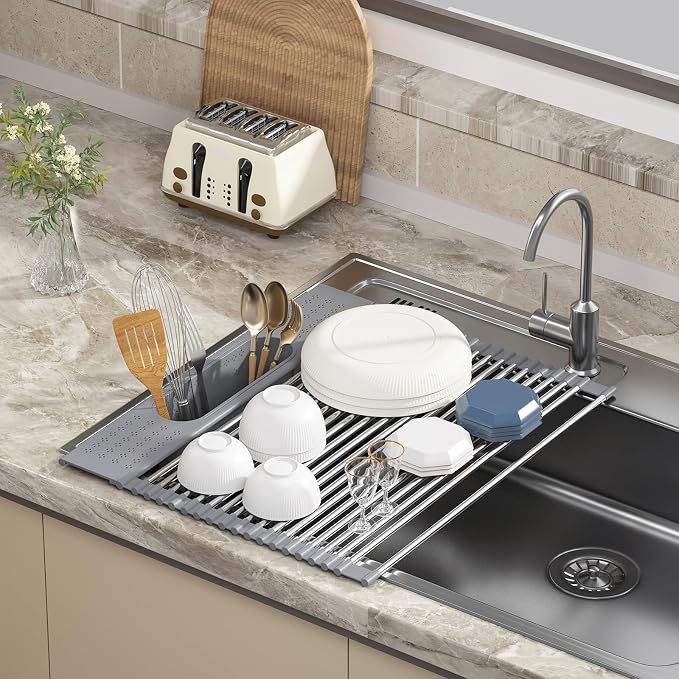 Roll Up Dish Drying Rack Over Sink, 17.5" x 15.2" Foldable SUS304 Stainless Steel Kitchen Dish Drainer, Heat-Resistant Multipurpose Rolling Sink Rack Organizer,Grey - Image 5