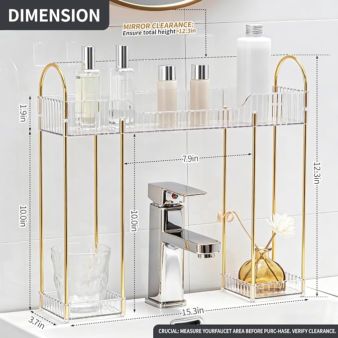 YCIA&DONE Bathroom Countertop Organizer Over the Faucet, Narrow Counter Organizers Above Sink, Table Mounted Shelf for Kitchen, Toilet, Laundry(White Clear) - Image 2