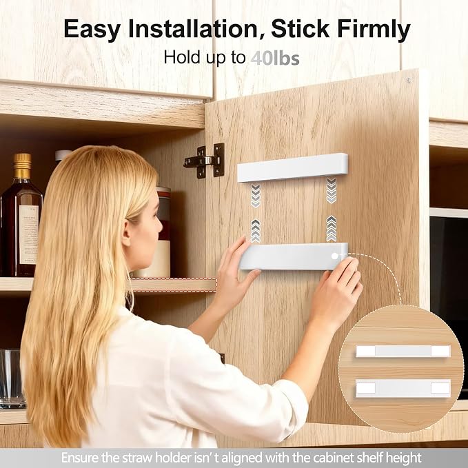 9.5” Large Acrylic Straw Holder for Cabinet Door, Adjustable Two-Part | Reusable Straws Organizer with Ultra Sticky Adhesive Strips, 2026 Straw Storage for Kitchen Cupboard (White) - Image 7