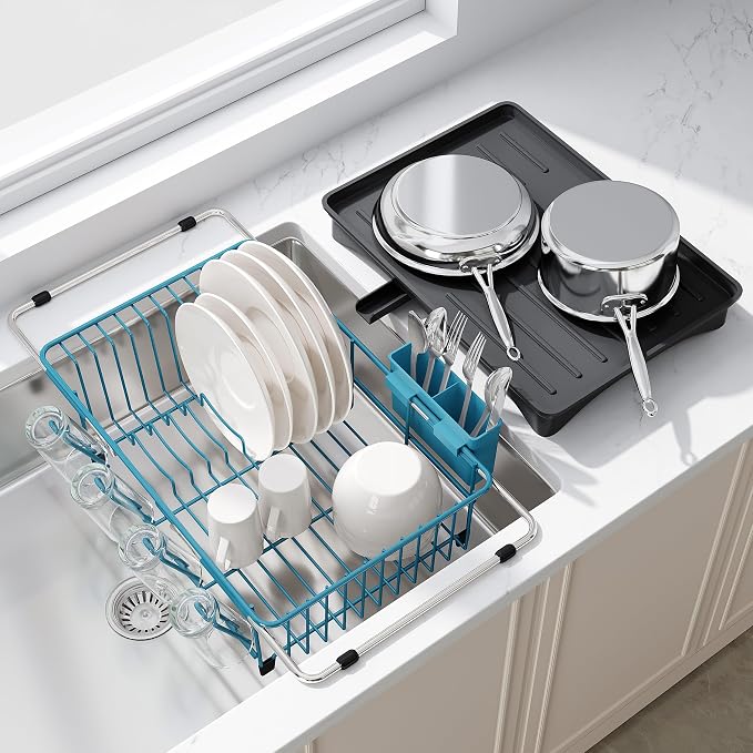 JASIWAY Blue Dish Drying Rack in Sink with Drainboard and Utensil Holder | Use Over the Sink or Counter, Stainless Steel Expandable Dish Drainer for Small Kitchen, Space Saving, Fast Drain, Rustproof by JASIWAY