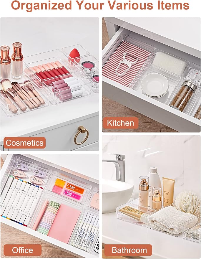 SMARTAKE 16 PCS Drawer Organizer, 5-Size Desk Bathroom Drawer Organizer | 5-Size Storage Tray with Non-Slip Silicone Pads for Makeup, Jewelries, Utensils in Bedroom Dresser, Office and Kitchen, Clear - Image 6