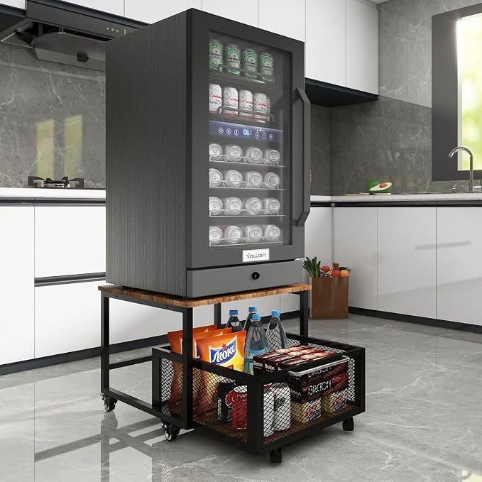 PUNCIA 19.7" x 23.6" Mini Fridge Stand with Large Capicity Storage, Retro | Sturdy Refrigerator Table with Lockable Wheels, Rolling Fridge Cart Heavy Duty Appliance Platform for Dorm, Apartment Bedroom - Image 7
