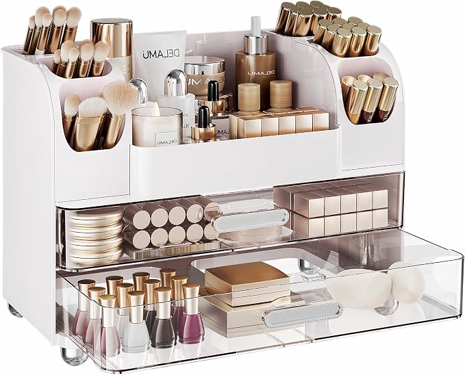 Delamu Large Makeup Organizer Countertop with 6 Brush Holders, White | Vanity Organizer with 2 Drawers, Gift for Women & Girls, Holds Perfume, Skincare, Lipstick, Nail Polish & Hair Accessories by DELAMU