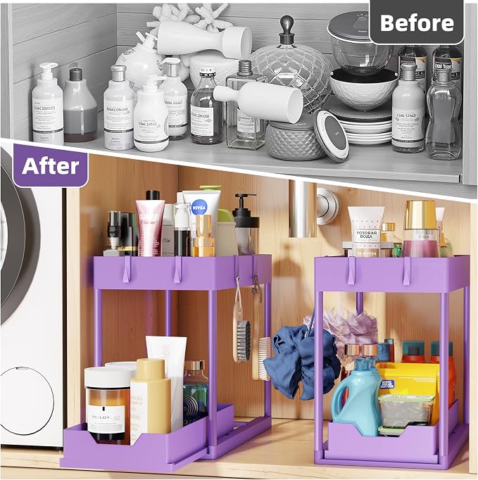 Simple Trending Under Sink Organizer 2 Pack, with Sliding Drawer, Purple | 2-Tier Multi-Use Under Shelf Organizer with Hooks, Sink Pull-Out Sliding Storage Cabinet for Kitchen Bathroom, Easy Assembly - Image 3