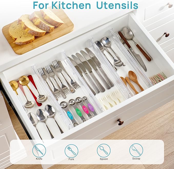 Vtopmart 2.36" Short Upgrade Drawer Dividers 12.8"-22.3" Expandable 8 Pack | Adjustable Kitchen Drawer Organizer, Clear Plastic Separator for Flatware, Utensils, Cutlery, Underwear Storage, Space Saving - Image 5