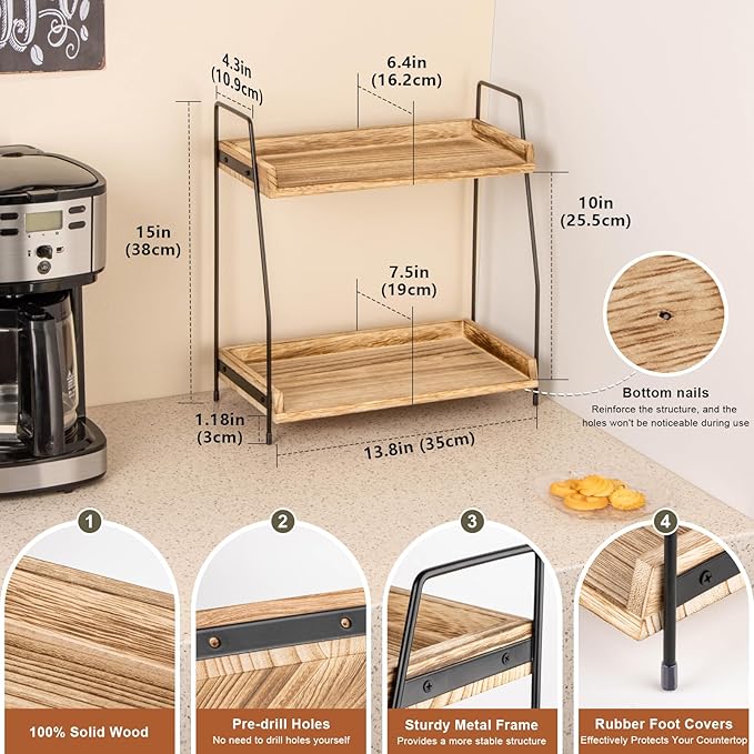 ANBOXIT Countertop Coffee Station Organizer, 2 Tier Wooden Shelf for Coffee Bar Accessories, Condiment Storage Caddy for Kitchen, Home, Office - Brown (Pack of 2) - Image 2