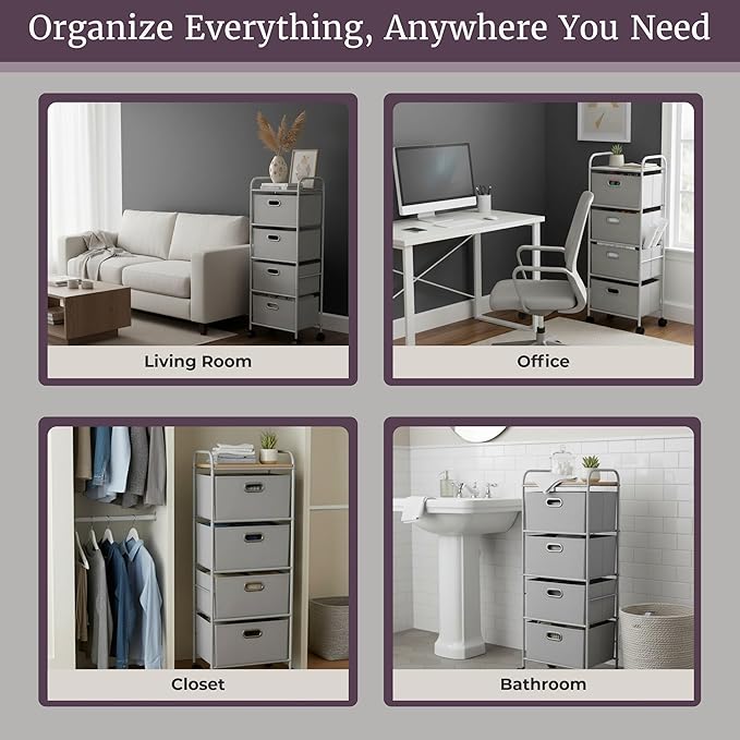 Lavish Home 4-Drawer Fabric Dresser, Gray/Silver, 16.5” x 12” x 45” | Slim Clothes Storage Organizer with Wheels and Metal Frame, Rolling Cart for Closet, Home, or Office - Image 5