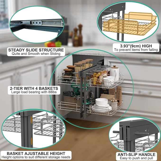 Blind Corner Cabinet Pull Out 2 Tier 4 Shelves Magic Corner Kitchen Cabinet Pull Out Shelf Organzier Soft Close Bottom Mount Min Opening 15in，Metal - Image 5