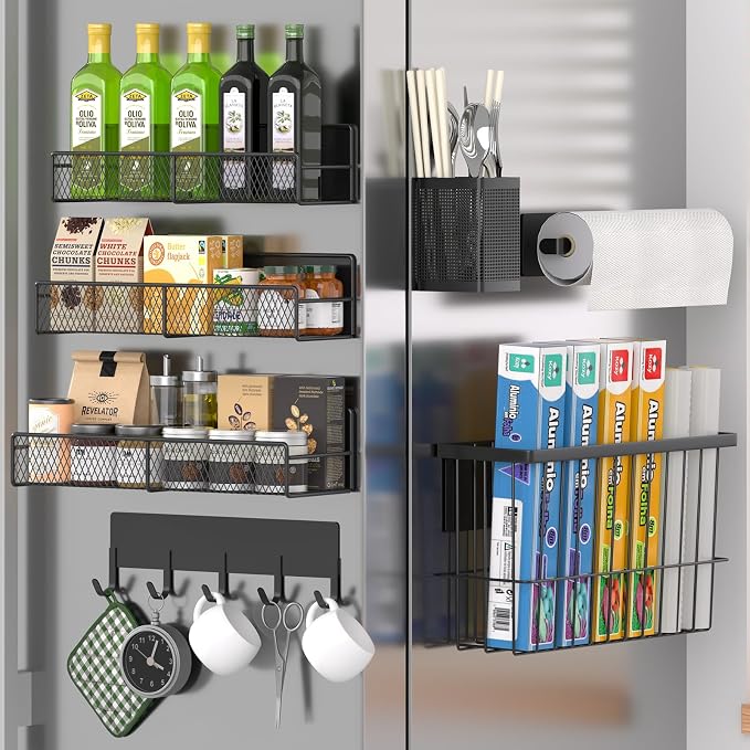 Magnetic Spice Rack for Refrigerator, 7 Pack Metal Magnetic Shelf, Moveable Magnetic Storage Fridge Organizer, Spice Organizer, Hook Rack, Paper Towel Holder, Utensils Holder, Cutting Board Holder by DTUQYX