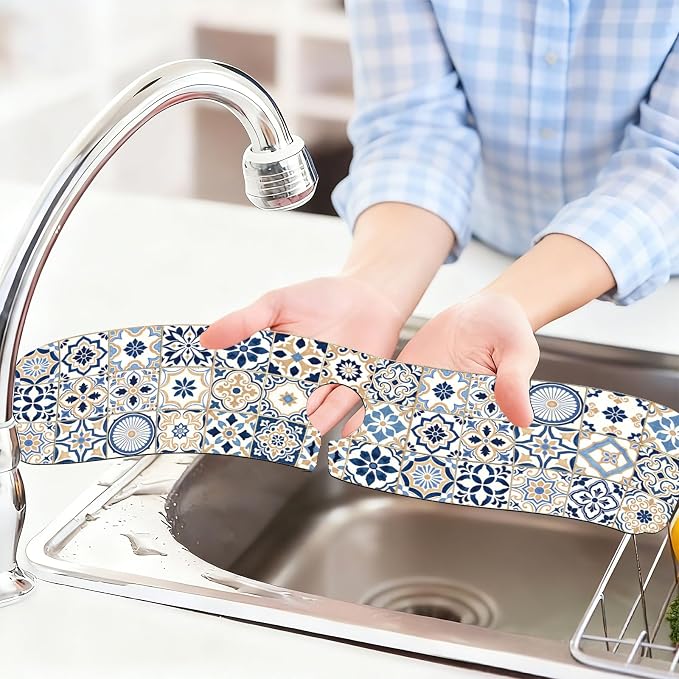 2 Pcs Kitchen Sink Splash Guard Faucet Mat Blue-toned Tile Faucet Mat for Sinks Absorbing Drying Mats for Kitchen Bathroom, 23.6x5.5inch - Image 6