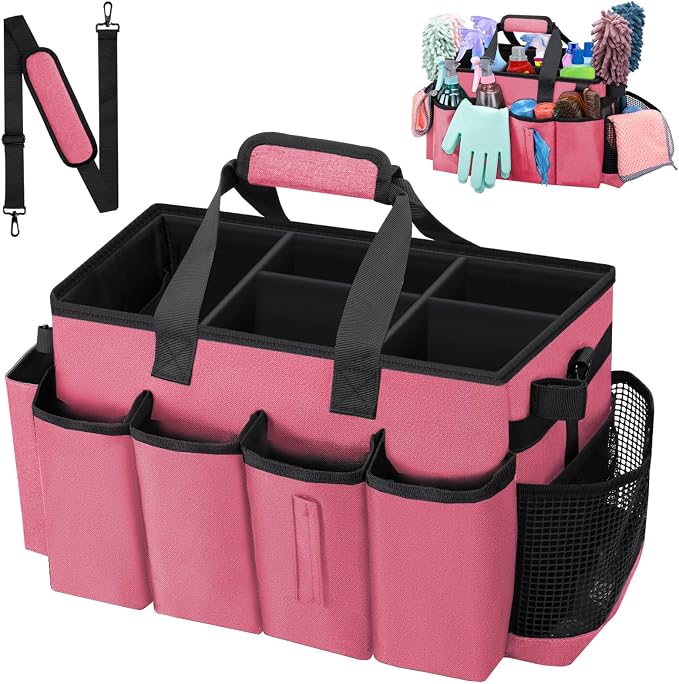Wearable Large Cleaning Caddy Bag for Housekeepers (Rosered) | Cleaning Supplies Organizer with Adjustable Shoulder, Waist & Handle Straps, Detailing Bag for Kitchen Supplies by wigojoy