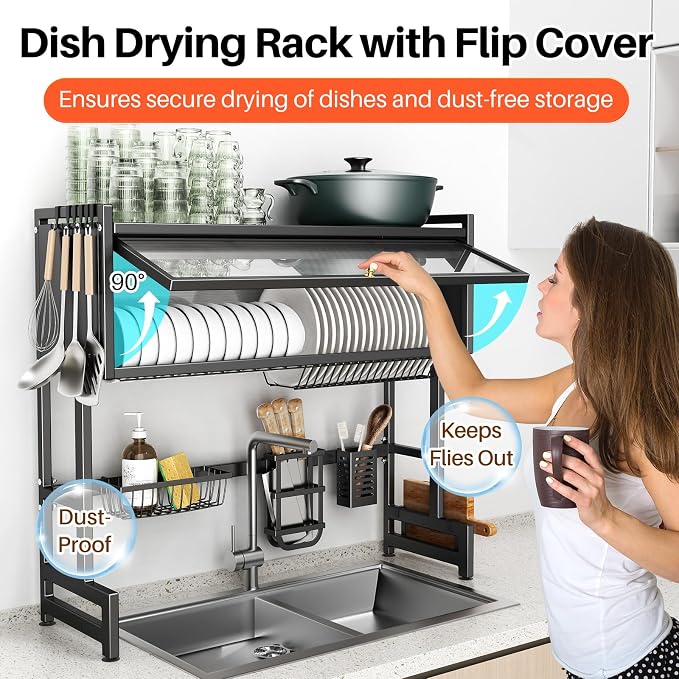 Over The Sink Dish Drainer Drying Rack 3 Tiers with Cover, Keep Kitchen Sink Shlef Organized Space-Saving Dish Drying Rack, Large Stainless Steel Sink Drying Rack for Dishes, Bowls, Cutlery (33.4"W) - Image 3