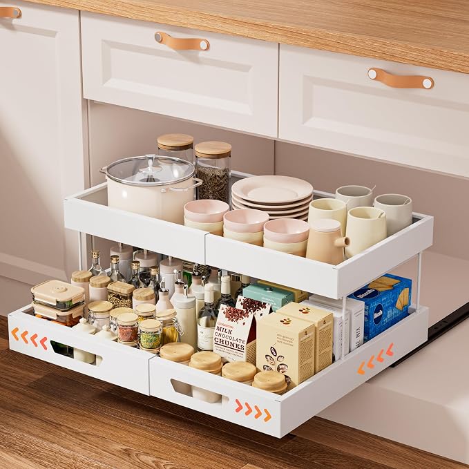 Nacial 2 Tier Pull Out Cabinet Organizer,Expandable(12.3"-20.7" W),White | Slide Out Cabinet Drawer with Adhesive Nano Film, Adjustable Heavy Duty Roll Out Shelves for Kitchen Pantry Bathroom Storage by NacialPromise-Consumersfirstalways
