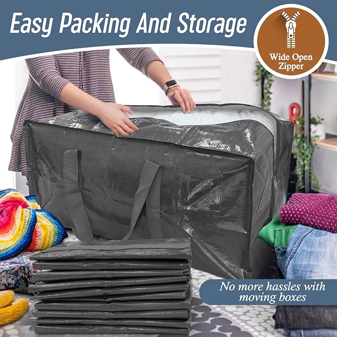 6 Pack Extra Heavy Duty Large Moving Bags with Strong Zipper, Gray | Comfortable Handles, Sturdy & Durable Clothes Storage Bags Totes Bins, Blue Packing Moving Boxes for College Supplies - Image 5