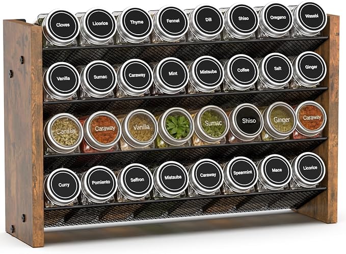 Spice Rack Organizer for Cabinet, Wood Countertop Shelf, No Jars Included | Holds 32 Standard 4 oz Jars, Fits Jars Under 1.8 in Wide, 4-Tier Kitchen Seasoning Organizer, Wall Mount, 15.7" W x 10.3" H by NESAPTO