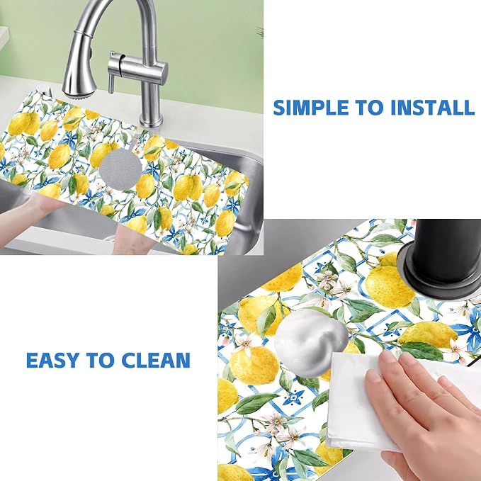 Yellow Lemons and Blue Tiles Sink Faucet Absorbing Mat Splash Guard Behind Faucet Sink Mat Absorbent Fast Drying Faucet Draining Mat for Bathroom Kitchen 5.5"×15" - Image 5