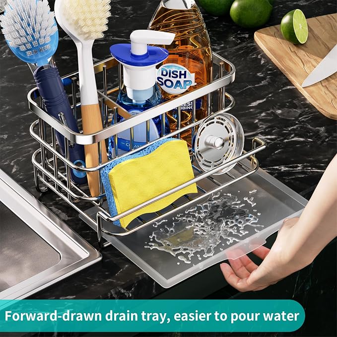 HapiRm Kitchen Sink Organizer, SUS304 Stainless Steel Rustproof Multifunctional Large Sink Caddy with Sponge Holder and Drain Tray for Kitchen Countertop (Silver) - Image 6