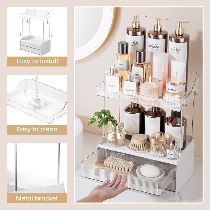 Delamu 4-Tier Makeup Organizer, Bathroom Counter Storage, 2 Drawers,Clear | Elegant Vanity Organizer Gift for Women, Holds Perfume, Skincare, Nail Polish & Hair Accessories for Bathroom Countertop - Image 6