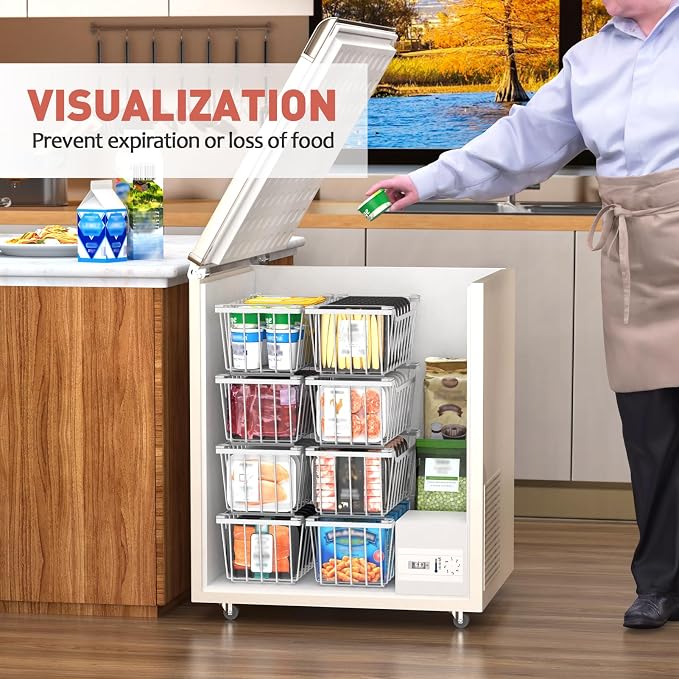 Goovilla Freezer Organizer Bins for 5-7 Cu.FT Chest Freezer,8 Pack White | Foldable Handle Stackable Freezer Baskets, Coated Metal Freezer Storage Bins with Better Space Utilization, Deep Organization - Image 5