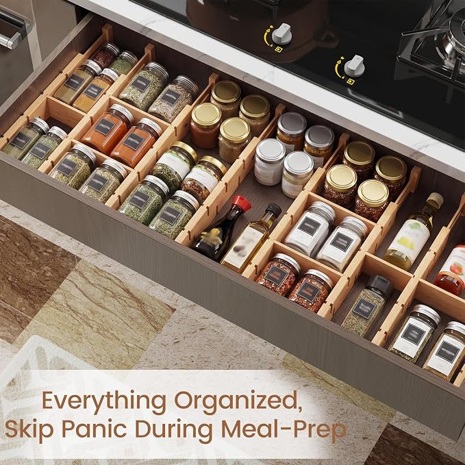 Bamboo Drawer Dividers 8 Pack with Inserts, Kitchen Adjustable Drawer Organizers for Home, Bedroom, Dresser, Expandable Organization 8 Dividers with 16 Inserts - Image 5