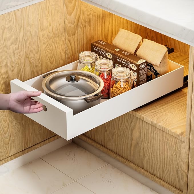 HBL' 1 Pack | 21" Deep Pull Out Cabinet Organizer Adhesive, 12-Inch Wide Sturdy Carbon Steel Roll-Out Drawers, Designed for Frameless Cabinets, Slide-Out Shelves for Pantry. by HBL