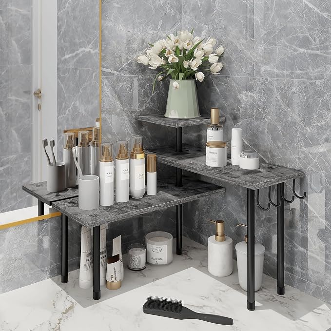 Kitchen Countertop Organizer, 3 Tier Corner Shelf Bathroom Counter Organizer, Wooden Counter Shelf Stand Space Saver, Easy Assembly, Rustic Grey - Image 4