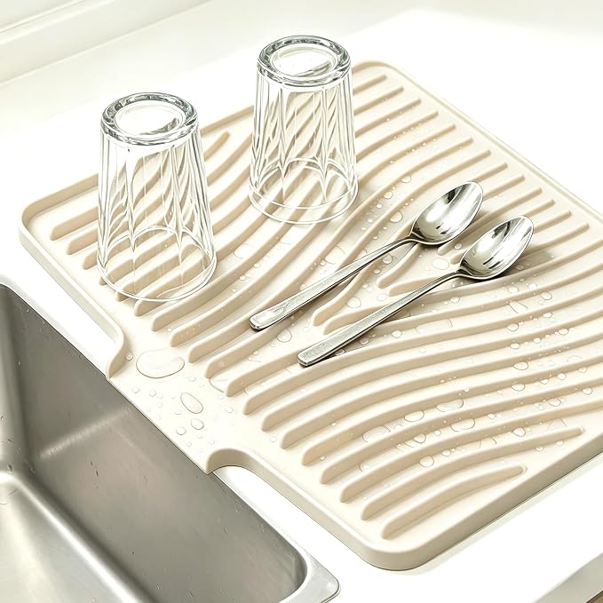 Silicone Dish Drying Mat,15.7"*13"Dish Drying Pad,Kitchen Accessories,with Built-In and Non-Slip Drain,Easy Clean, Fit for Kitchen, Bar, RV, Refrigerator and Drawer Liner, Off White by EBIGIC