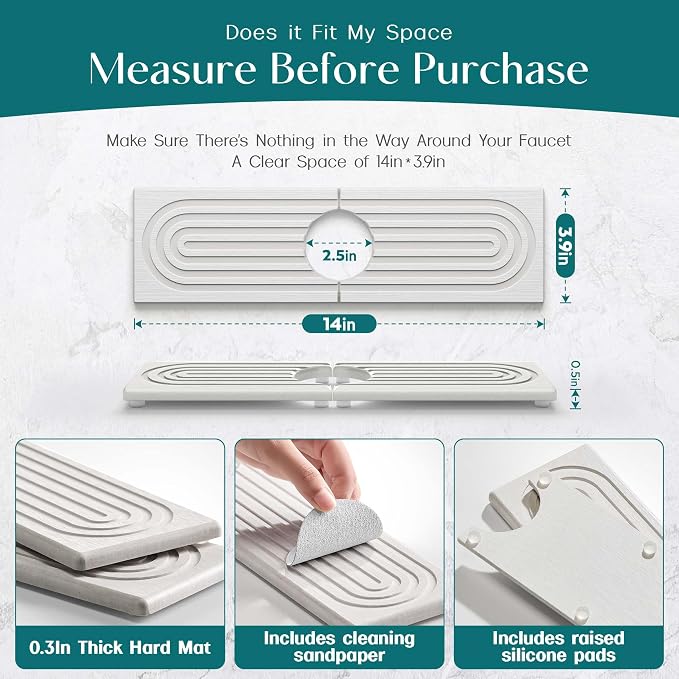 Diatomite Kitchen Faucet Mat - 14Inch Water Absorbing Stone Tray for Sink, Stone Fast-Drying Faucet Mat for Kitchen Counter Sink Accessories (Light Grey, 14'' x 3.9'') - Image 2