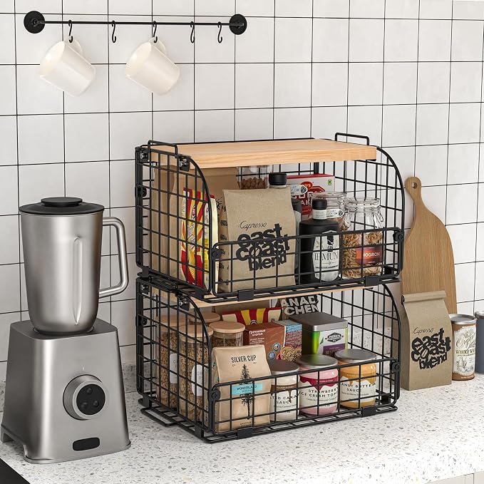 2 Set Stackable Wire Basket with Openable Top, Kitchen Counter, Pantry Organizer and Storage Produce Onion Potato Fruits Vegs Bread Food Snack Spice Organizing Bin for Cabinet Shelf Countertop Floor - Image 2