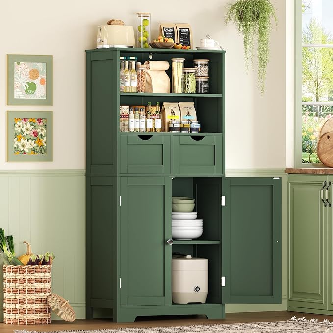 Iwell Bathroom Storage Cabinet with Adjustable Shelf, Storage Cabinet with Doors, Kitchen Pantry Storage Cabinets, Cupboard, for Living Room, Dining Room, Entryway, Green - Image 5