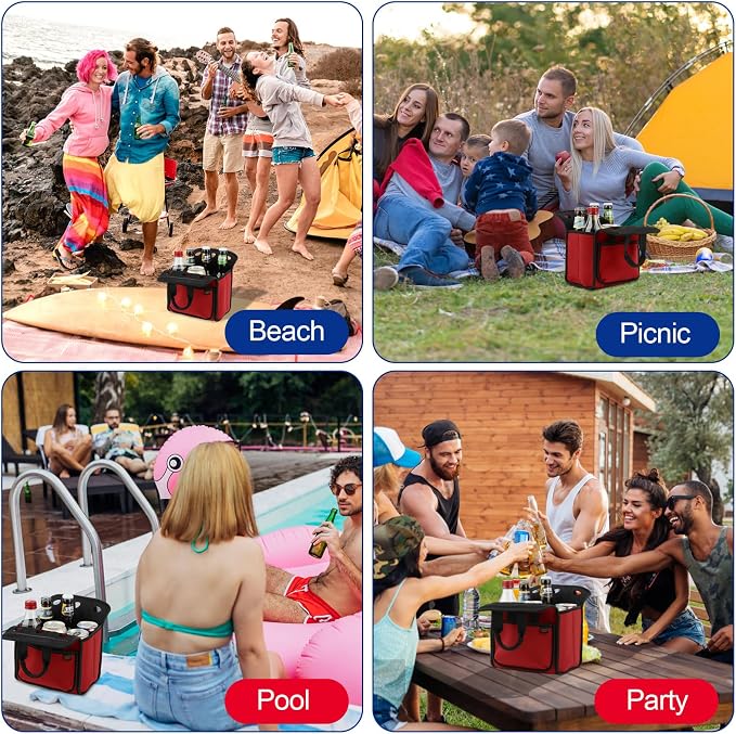Portable Drinks Tote Bag for 6 PCS Beverage Cans/Bottles, Neoprene Insulated Drinks Can Bottle Carrier Tote Beverages Cans Cooler Bag Holder for Camping, Picnic, Party (Red) - Image 7