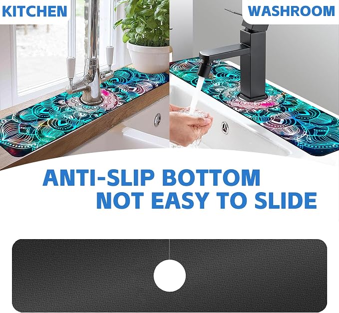 Kitchen Faucet Mat Galaxy Mandala Geometric Star Field Sink Splash Guard Behind Faucet Draining Mat Kitchen Accessories Non-slip Easy to Clean for Bathroom & Kitchen 24"X5.5" - Image 7