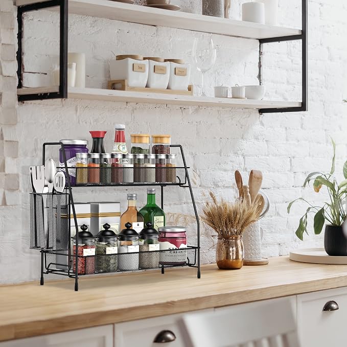 Bathroom Organizer Countertop, Spice Rack Organizer for Cabinet,Black | 2-Tier Bathroom Counter Organizer,Vanity Organizer Corner Shelf with Small Basket for Sink,Kitchen,Bedroom,Living room,Office - Image 4